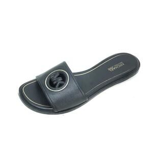 MICHAEL KORS Deanna Cutout Tumbled Leather Slide Sandal black gold logo 7 M